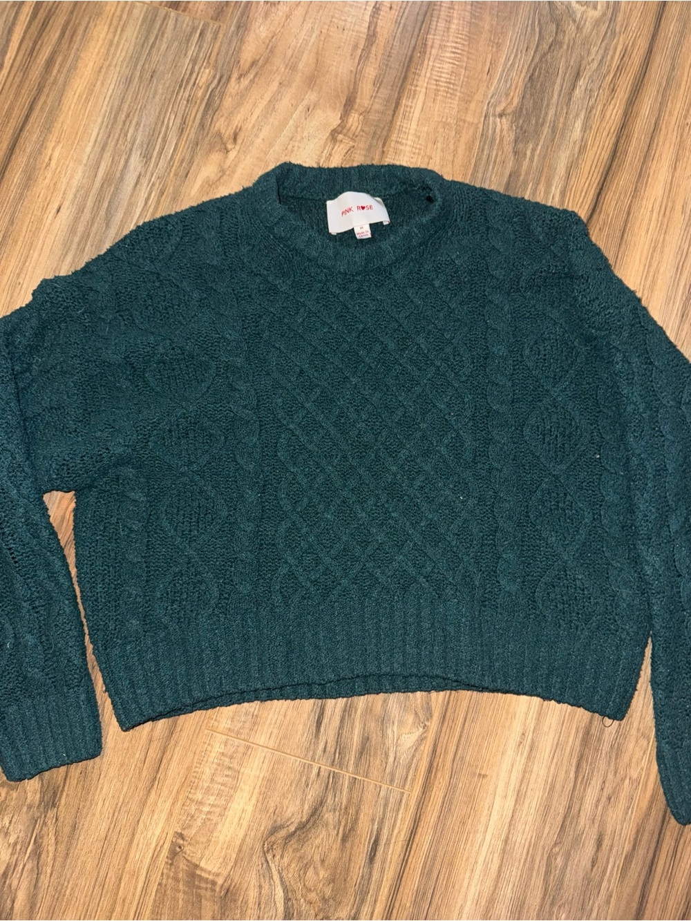 PINK ROSE Dark Teal Cable Knit crop Crewneck Sweater